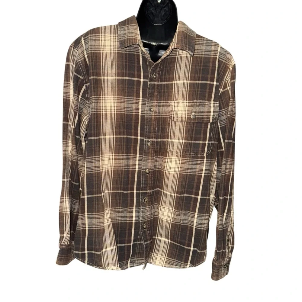 Old Mill Men’s Plaid Flannel Shirt Large Brown Tan Button Front Cotton